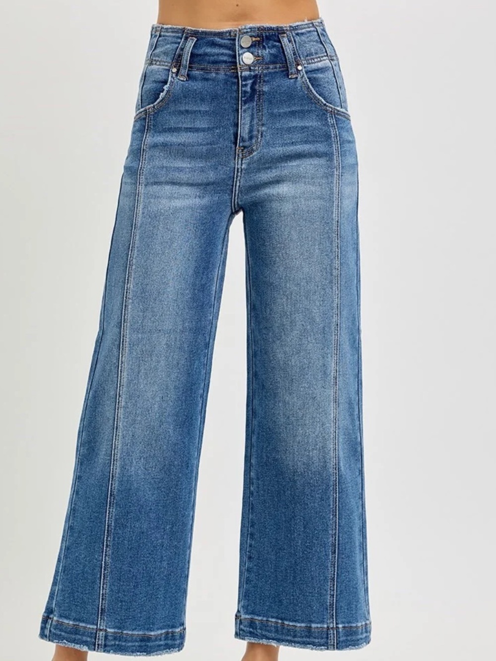 Risen jeans double button front seam wide leg cropped